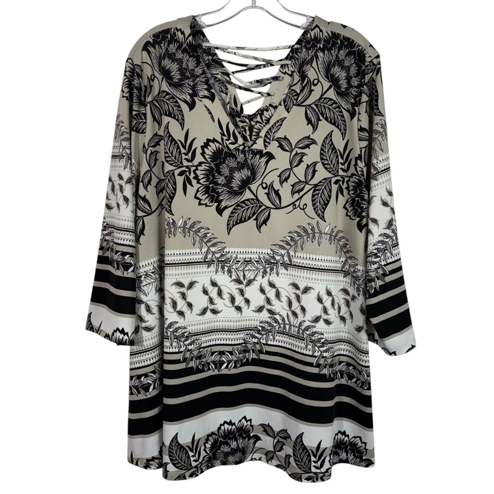 New Directions Taupe Black Floral Striped No-Iron Stretch Longline Tunic Top 2X